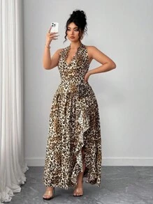 Elenzga Robe maxi élégante et romantique pour tous les jours et les fêtes, grande taille, ras-du-cou, col ras-du-cou Top de gamme, imprimé léopard, volants, col V profond, décor floral, fendu, ample - Multicolore - Voir 6