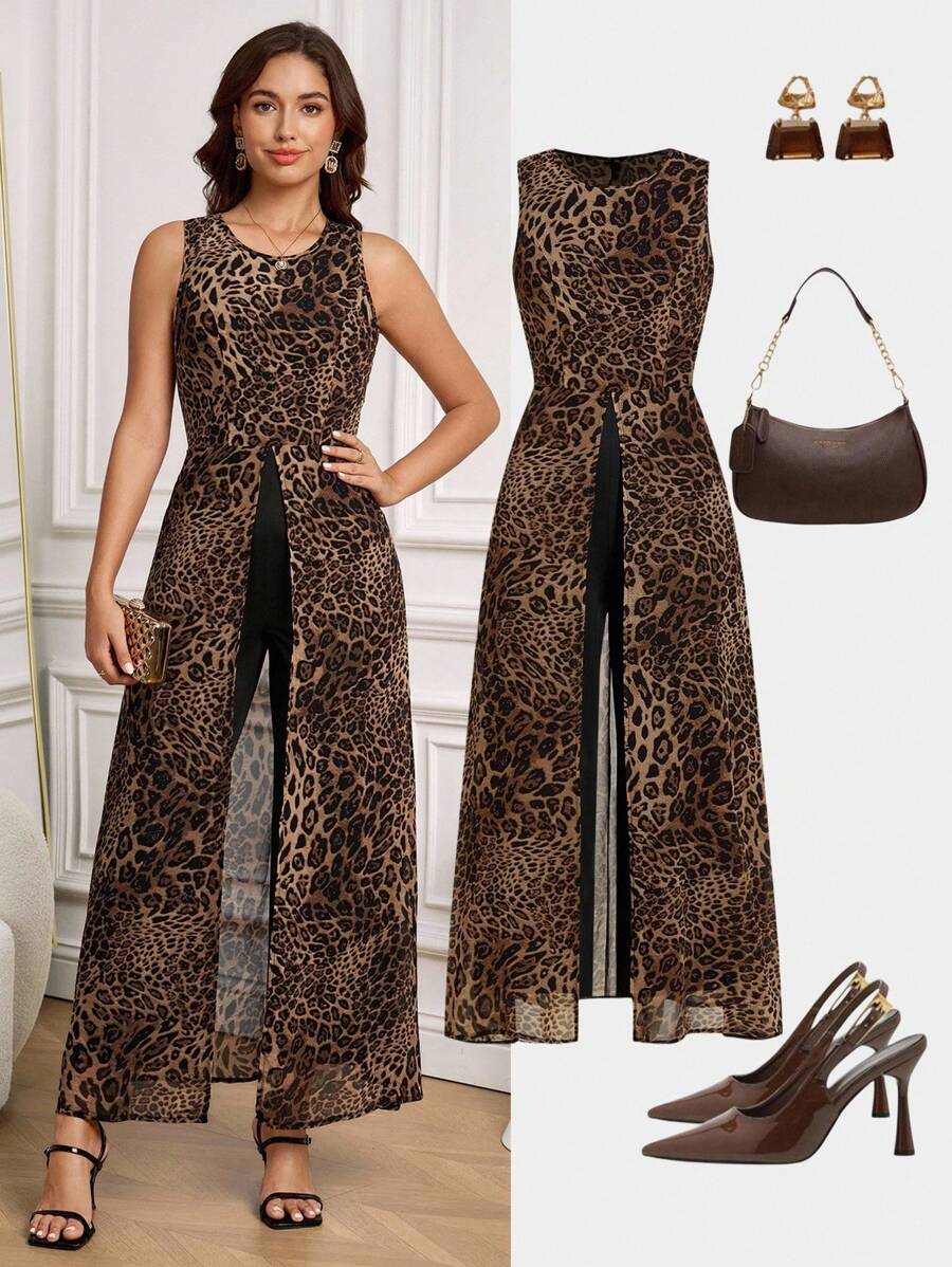 Ellevyn Mono largo elegante sin mangas con estampado de leopardo para mujer, sexy y versátil - Negro - Ver 1
