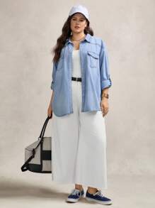Zelara Plus Flap Pocket Roll Tab Sleeve Denim Shirt, Fall Women Clothes