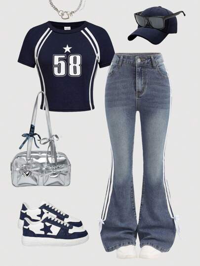 Girlism Tween Girl' Fall/Winter Y2k Vintage Urban Street Cool Style Distressed Basic Everyday Style Blue Denim Elastic Waist Side Bow Knot Decor Skinny Flare Jeans,Girls  Back To School Clothes,Girls Homecoming Clothes,Fall/Winter Girls Clothes,Girls Streetwear Outfits