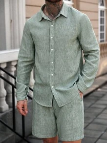 Manfinity Homme 2 件男士休闲通勤衬衫和短裤套装，秋季服装 - 綠色 - 查看 5