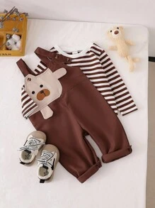 SHEIN 婴幼儿男童休闲条纹长袖上衣和可爱小熊背带裤两件套 - 咖啡棕 - 查看 1