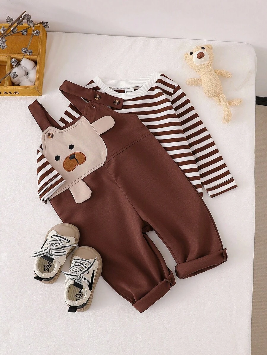 SHEIN 婴幼儿男童休闲条纹长袖上衣和可爱小熊背带裤两件套 - 咖啡棕 - 查看 1
