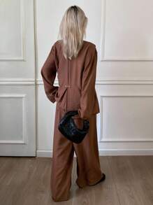 Livesso 2 piezas Conjunto de top de manga larga con cintura ceñida y pantalones casuales para mujer - Marrón - Ver 2