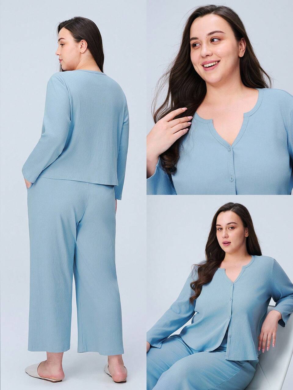 Plus Women Blue Soft Ribbed Cotton Long Button-Up Sleeve & Pants Pajamas Set