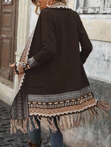 SHEIN LUNE Áo khoác cardigan tua rua họa tiết hình học thường ngày cho nữ - Cà phê nâu - Xem 2