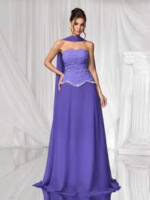 Coutiva Váy dạ hội sang trọng đính ngọc trai giả jacquard thanh lịch cao cấp dành cho nữ, phù hợp cho các sự kiện trang trọng và dạ tiệc - Màu tím  Violet - Xem 2