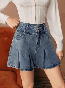 SHEIN Unity Fashionable Denim Pleated Mini Skirt For Women - Blue - View 7