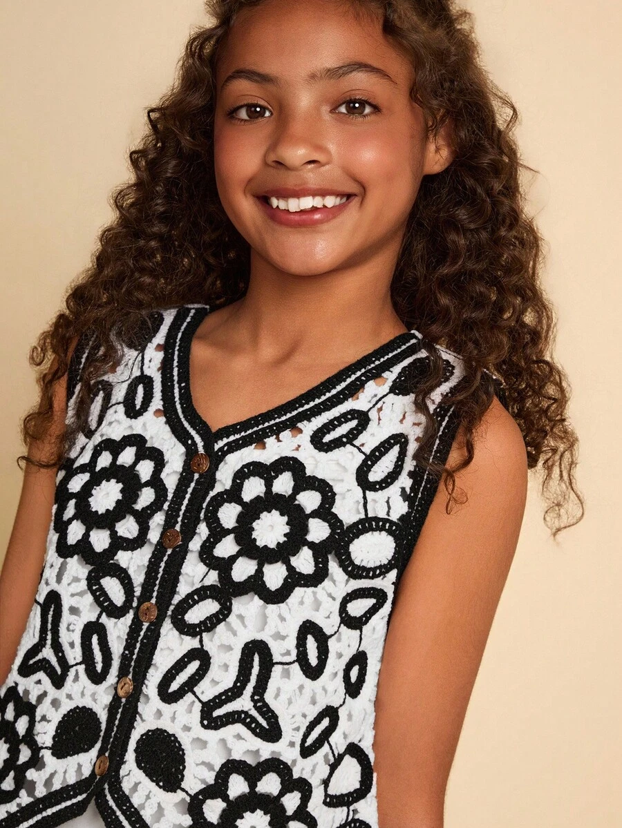 SHEIN Tween Girls' V-Neck Allover Print Button Front Casual Knit Vest,In Fall/Winter - Black and White - View 1