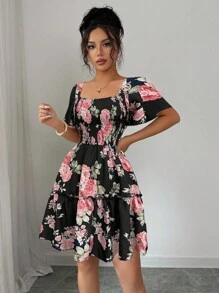 Elenzga Gaun Wanita Elegan Motif Bunga dengan Detail Kerut untuk Musim Panas - Hitam - View 4