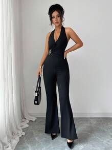 Chiquease Women Metal Button Knitted Jumpsuit - Black - View 6