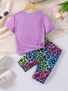 SHEIN Young Girls 2pcs Set: LOVE Letter Print Round Neck Short Sleeve T-Shirt And Colorful Leopard Print Leggings