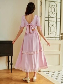 Omancia Robe fendue élégante à volants et dos nu pour femmes, convient pour les sorties, la maison, le thé au jardin, les rendez-vous, la rentrée scolaire, Thanksgiving, Halloween - Rose bonbon - Voir 2