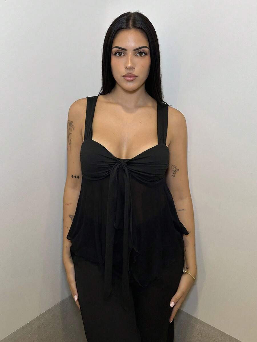 Áo ba lỗ lưới hở lưng bất đối xứng cho nữ - màu đen - Xem 1