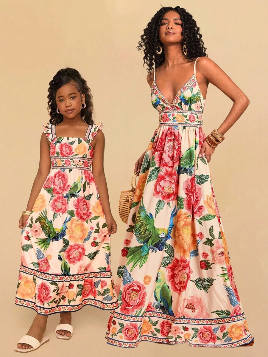SHEIN 少女花卉印花优雅无袖连衣裙，夏日假期