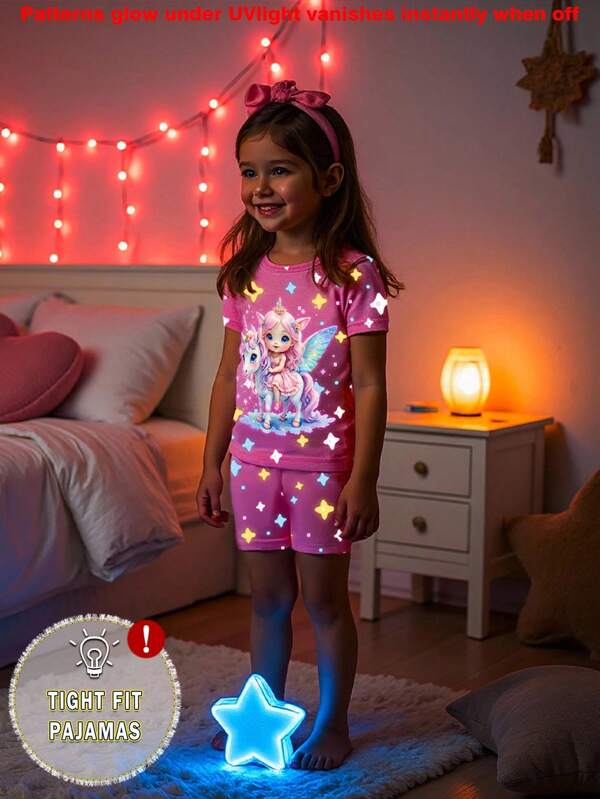 GraphicGems Jonge meisjes Glow In The Dark Unicorn Print Fashion Korte Mouw & Shorts 2-delige Pyjama Set