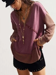 Bohemela 秋冬波西米亚风休闲拼接V领长袖宽松女士卫衣 - 紫色 - 查看 6