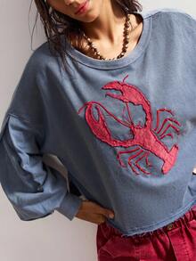 Bohemela Áo sweatshirt nữ dài tay cổ tròn, màu trơn, dáng rộng, chất liệu vải dệt kim, thích hợp mặc mùa thu/đông. - Màu xanh lam - Xem 6