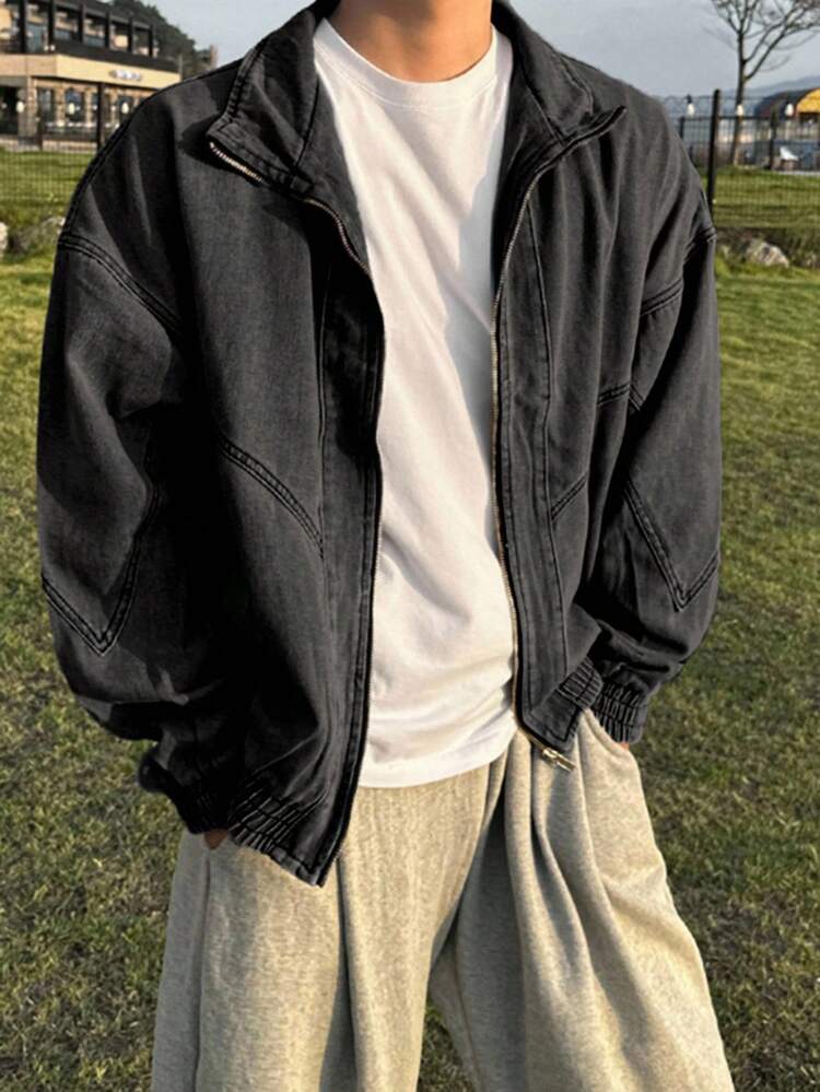 Men's Solid Blue Denim Jacket, Autumn