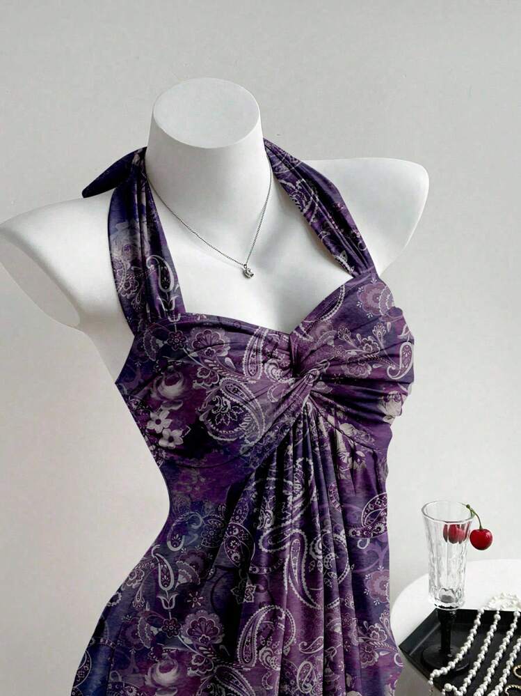 Comfortcana Women's Casual Retro Twist Knot Ruched Backless Halter Top,Off The Shoulder Top - Multicolor - View 3