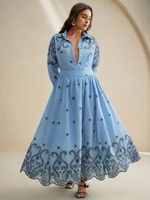 Anewsta 加大码条纹刺绣半身裙，适合春季、节日、假日、度假，优雅女士连衣裙 - 藍色 - 查看 6