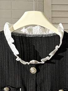 女童荷叶边下摆长袖纽扣设计夹克 - 黑與白 - 查看 3