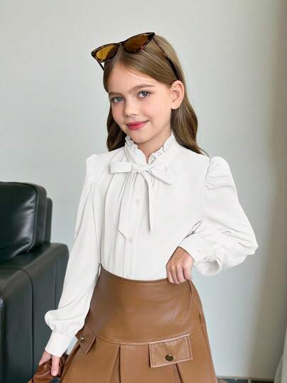 Firerie Kids Firerie Kids 青少年女孩复古蝴蝶结优雅衬衫，配有荷叶边领、蝴蝶结袖口和褶皱细节，返校节