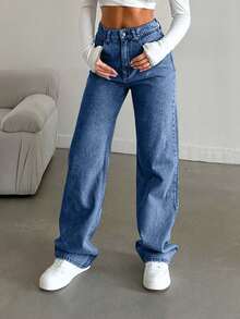 EURMUSE Snow Wash Straight Leg Jeans High Rise ,Petite Women - Teal Blue - View 5