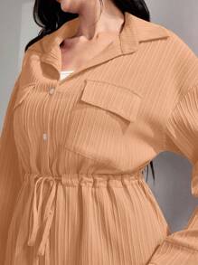 Mulvari Flap Pocket Drawstring Waist Shirt & Wide Leg Pants 2 Pieces Set Modest - Orange - View 3