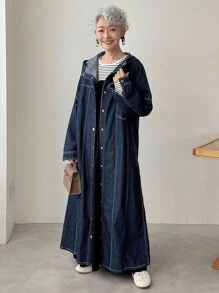 FRIFUL 女式休闲街头风格纽扣连帽直筒牛仔连衣裙