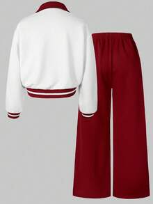 SHEIN Streecool Kids HYPEME Tween Girl 女童休闲条纹阔腿裤和字母图案纽扣领棒球夹克 2 件套，时尚舒适，适合秋冬