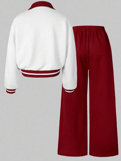 SHEIN Explorewe HYPEME Tween Girl 女童休闲条纹阔腿裤和字母图案纽扣领棒球夹克 2 件套，时尚舒适，适合秋冬
