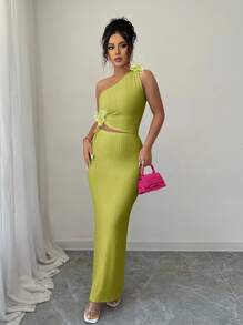 Elenzga Women's Elegant 3D Floral Decor One-Shoulder Top And Skirt 2 Pieces Set, Summer