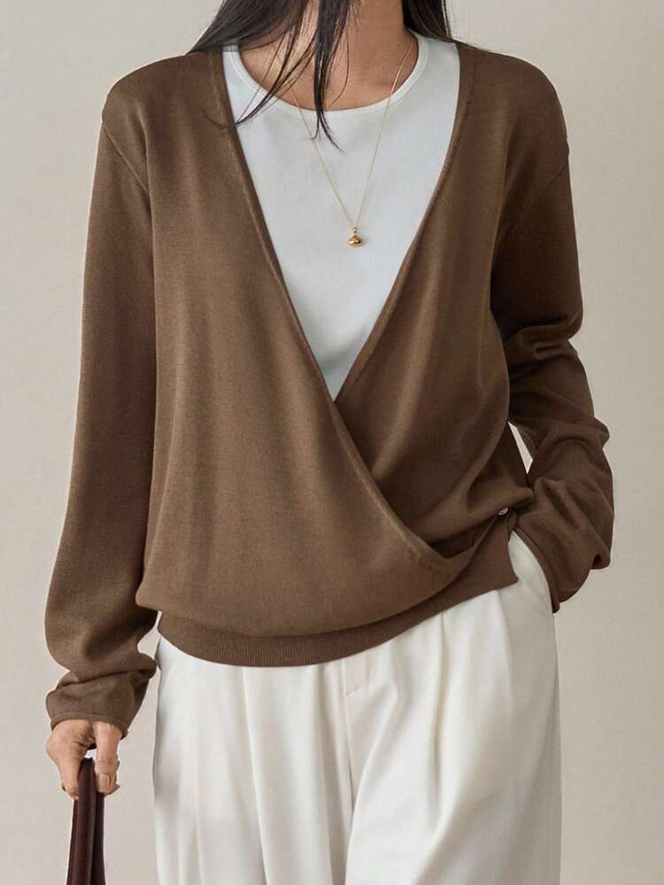 Women's Deep V-Neck Crossed Design Loose Knit Sweater, Business Casual Office Commuter Workwear, Long Sleeve, Autumn/Winter,Fall Women Clothes
