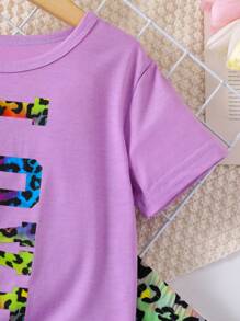 SHEIN Young Girls 2pcs Set: LOVE Letter Print Round Neck Short Sleeve T-Shirt And Colorful Leopard Print Leggings