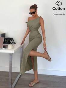 Siren Gaze Váy kẻ sọc cổ lệch dành cho nữ đi làm thường ngày, mùa hè - màu xanh lá - Xem 4