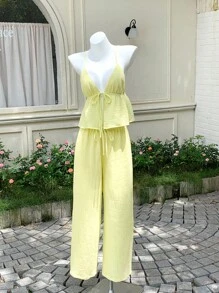 Comfortcana Women's Linen Cream Yellow Tank Top And Pants Set, Summer - Yellow - View 5