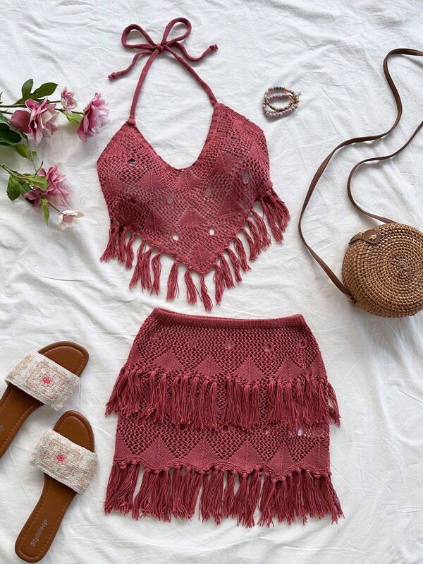 Soleia 2pcs Bohemian Tassel Halter Neck Blouse + Low Waist Tassel Skirt Set, Suitable For Party, Date, Valentine's Day, Easter, Carnival, Afternoon Tea, Beach, Cruise, City Vacation, Autumn/Winter Crochet Two Piece Set Boho Two Piece Set Vacation Outfits Woman Skirt Set