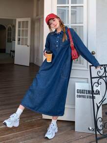 少女秋季休闲宽松长袖蓝色宽松柔软可爱牛仔衬衫裙，毕业典礼 - 深色水洗藍 - 查看 4