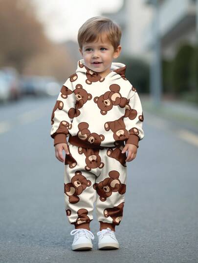 SHEIN Bộ đồ nỉ nỉ mềm mại in hình động vật hoạt hình dễ thương phong cách thể thao gấu in chữ tiếng Anh cho bé trai, thoải mái, phù hợp cho mùa thu/đông