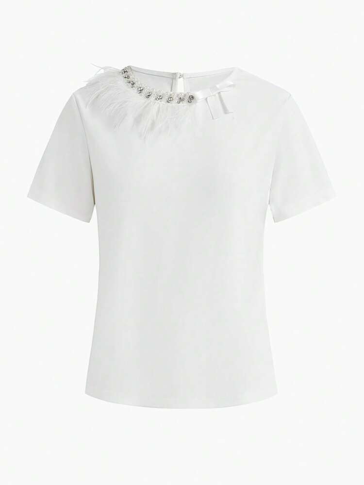 FAUX FEATHER & PEARL BOXY T-SHIRT