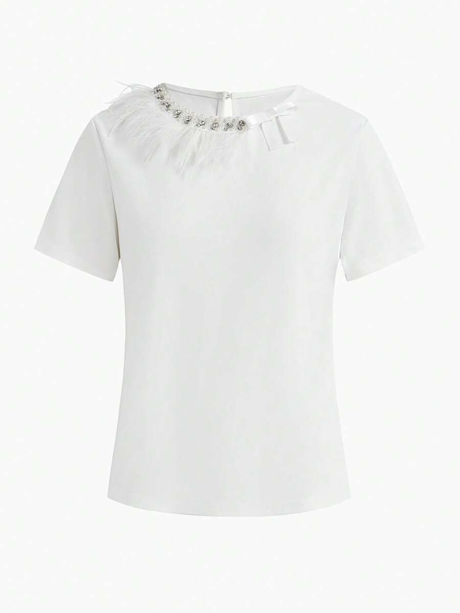 MOTF PREMIUM FAUX FEATHER & PEARL BOXY T-SHIRT - White - View 1