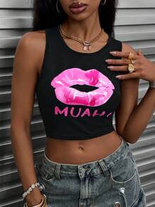 INAWLY Áo ba lỗ in hình môi ngắn thời trang cho mùa hè Áo phông họa tiết cho nữ - màu đen - Xem 3