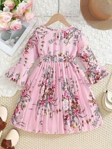 SHEIN Young Girl Pink Printed Bell Sleeve Pleated Princess Dress - Pink - View 2
