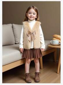 Elladie kids 少女毛绒蝴蝶结装饰外套背心，适合休闲、时尚、优雅的日常穿着 - 卡其色 - 查看 3