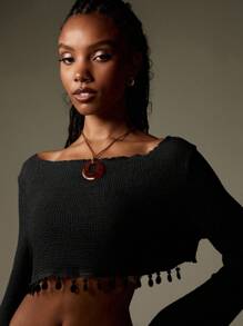 MISSGUIDED 波西米亚风露肩针织短款上衣长袖流苏装饰节日钩针毛衣秋冬休闲波西米亚风喇叭袖 - 黑色 - 查看 4