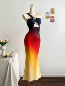 Soleia 女式渐变针织不对称褶饰紧身长裙，性感鸡尾酒会礼服，适合节日、约会、海滩度假、夏季 - 咖啡棕 - 查看 3