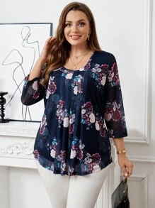 EMERY ROSE 加大码女式海军蓝花卉印花七分袖衬衫，女式夏季服装 - 彩色 - 查看 1