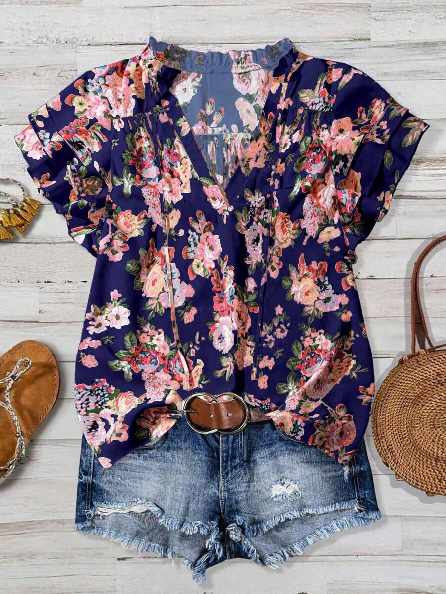 Breezaya 女士粉色花卉印花V领荷叶边短袖宽松衬衫 - 藏蓝色 - 查看 1