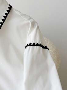 SHEIN Loose Casual Minimalist Comfortable Turndown Collar Long Sleeve Contrast Trim Shirt, Back To School Season Fall Winter - White - View 7